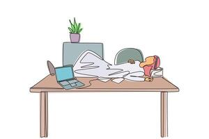 Single continuous line drawing Arabian man fell asleep on the table with a pillow from a pile of papers. Relaxing. Too tired from too much work. A short break. One line design illustration vector