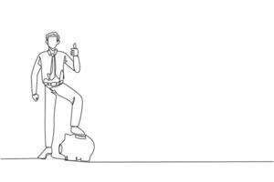 Continuous one line drawing businessman stands with thumbs up pose and steps on the piggy bank with one of foot. Cheerful. Successfully raised investment. Single line draw design illustration vector