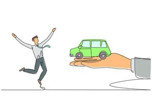 Single one line drawing businessman excited to get miniature car from the giant hand. Important prizes with sophisticated machines. Very useful for family. Continuous line design graphic illustration vector
