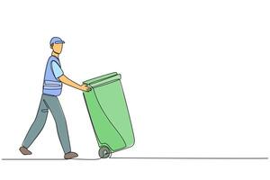 Single one line drawing trash man pushing a wheeled trash can. Side job is volunteering to keep environment clean. Remain highly dedicated. No pollution. Continuous line design graphic illustration vector