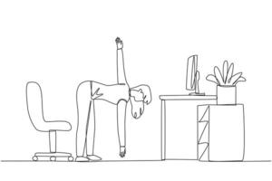 Continuous one line drawing woman stands with one hand raised and the other hand holding the tip of leg. Stretch. Train the body. Exercise. Calm the mind. Single line draw design illustration vector