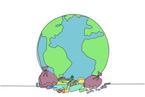 Single one line drawing a large globe surrounded by scattered rubbish. Nature no longer presents its beauty. Risk of more rapid increase in global warming. Continuous line design graphic illustration vector