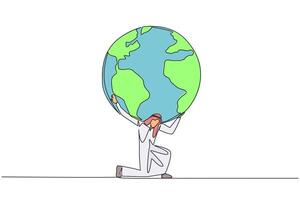 Single continuous line drawing Arab man kneels while cradling a globe. Do the best to protect earth. Do not litter. Do not carry out illegal logging. Save planet. One line design illustration vector
