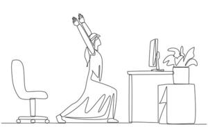Single continuous line drawing Arabian man stands with both hands raised and legs stretched. Start overtime on the weekend with stretching. Don't want to stress. One line design illustration vector