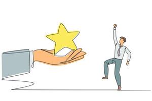Continuous one line drawing the businessman was happy to get a star from the giant hand. Satisfying review. Get a good rating. Satisfying ranking. The best. Single line draw design illustration vector