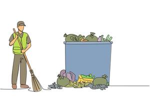 Continuous one line drawing trash man cleans rubbish by sweeping it into a pile of rubbish. With large trash can, it can accommodate all rubbish. Good job. Single line draw design illustration vector