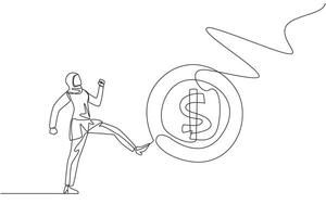 Continuous one line drawing angry Arabian businesswoman kicking a coin with a dollar symbol. Haughty. Arrogant. Don't need anyone's help in doing business. Single line draw design illustration vector