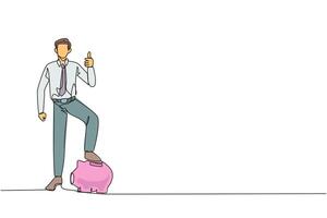 Continuous one line drawing businessman stands with thumbs up pose and steps on the piggy bank with one of foot. Cheerful. Successfully raised investment. Single line draw design illustration vector