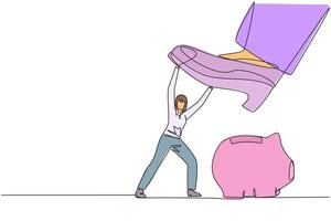 Single one line drawing businesswoman holds back giant foot wants to step on piggy bank. Protect company assets at all costs. In order to maintain profits. Continuous line design graphic illustration vector