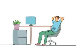 Single one line drawing relaxed man sitting in a work chair with his hands behind his head. Work overtime on weekends. Relax for a moment from busy routine. Continuous line design graphic illustration vector