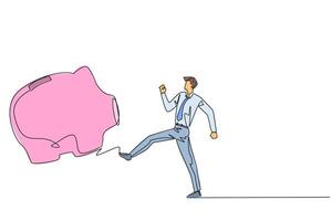 Continuous one line drawing businessman kicking piggy bank. The opportunity to invest is wasted. There is no concern about a better future by investing. Single line draw design illustration vector