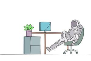 Continuous one line drawing astronaut sits in work chair with one of legs raised and folded. Relax. A daily activity plan for space expedition is done. Single line draw design illustration vector