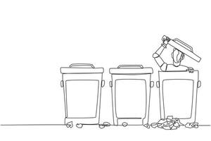 Single one line drawing robot peeking out of the trash can, there were lots of wads of paper. Programmed to have sensitivity. Embarrassed. Future tech. Continuous line design graphic illustration vector