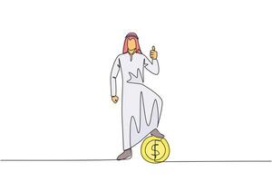 Single one line drawing Arabian businessman stands in a thumbs up pose and steps on a large coin with a dollar symbol. The small capital for big profits. Continuous line design graphic illustration vector