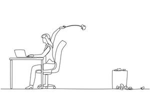 Single one line drawing businesswoman typing at a work desk throwing wads of paper into the trash. Failed to make monthly reports. Not focused. Disturbance. Continuous line design graphic illustration vector