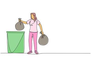 Single continuous line drawing woman puts trash bag into trash can. Environmental care. A clean environment keeps the mind fresh and clear. The air becomes clean. One line design illustration vector