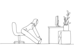 Continuous one line drawing Arabian woman sitting in work chair with legs straightened. Stretching. Flex muscles. Ready to work overtime on the weekend. Single line draw design illustration vector