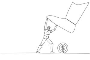 Single continuous line drawing smart robot holds back a giant foot wants to step on coin with dollar symbol. Maintain company finances. Can't lose. Future tech. One line design illustration vector