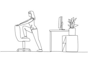 Single one line drawing the woman stands while lifting one of her legs onto a chair. Warm up before facing a lot of work. Working overtime on the weekend. Continuous line design graphic illustration vector