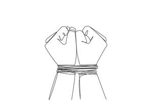 Single one line drawing of hand tied with rope. Entrepreneur involved in bribery case. Looking for profits without rules. Arrested. Detained. Impoverished. Continuous line design graphic illustration vector
