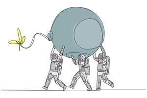 Continuous one line drawing group of astronauts work together carrying a big bomb with fuse lit. Threat. Disturbance. Get rid of it. For a space expedition. Single line draw design illustration vector