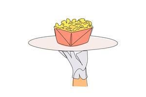 Single continuous line drawing the waiter holds a food tray serving popcorn. Made from popcorn. Avoid aging. Friends when watching movie. Has a salty taste. Snacks One line design illustration vector