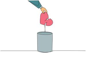 Single continuous line drawing businessman hand throwing away broken heart logo. Broken heart symbol. Throw away anything that makes the feel disappointed. Serene. One line design illustration vector