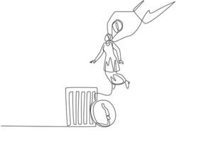Single one line drawing Arabian businesswoman is lifted by giant hand and will be put into a trash can. Reduction of employees. For a more stable business. Continuous line design graphic illustration vector
