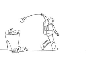 Single one line drawing astronaut walking throwing light bulbs into trash can. Throwing out ideas to convey during space expeditions. Galaxy outer space. Continuous line design graphic illustration vector