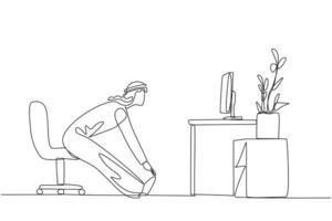 Single one line drawing Arabian man sitting in work chair with legs straightened. Stretching. Light exercise while at the office. Maintain health. Hectic. Continuous line design graphic illustration vector