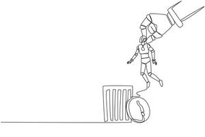 Single one line drawing the robot is lifted by a giant hand and will be put into a trash can. Failed experimental product. Will be thrown away and recycled. Continuous line design graphic illustration vector