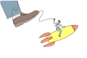 Single continuous line drawing businessman riding a rocket flies away from the giant foot. Redirection. The struggle to keep the business flying high. Profitable. One line design illustration vector