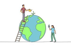 Continuous one line drawing man and woman work together to green the earth. Plant as many trees as can. Makes the air cleaner. Ecology concept. Environment. Single line draw design illustration vector