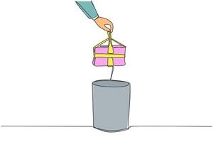 Single one line drawing businessman's hand throwing away a dented gift box. No achievements have been made. Try to adapt stably. Have more enthusiasm. Continuous line design graphic illustration vector