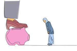 Continuous one line drawing Arab businesswoman nodded in front of giant foot that stepped on piggy bank. Request to release assets as additional capital. Single line draw design illustration vector