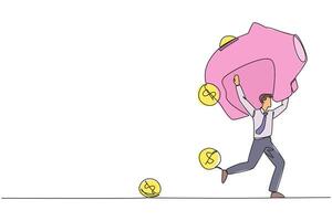 Continuous one line drawing businessman running lifting piggy bank on shoulders. Dollar symbol coin falling. Leak has occurred. Saving financial condition. Single line draw design illustration vector