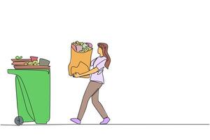 Single continuous line drawing young woman walked carrying a trash bag in both hands towards the trash can. Carry out social actions to care about cleanliness. One line design illustration vector