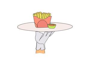 Single one line drawing the waiter holds a food tray serving french fries. A dish made from shredded potatoes. Snack. Complementary food to the main menu. Continuous line design graphic illustration vector