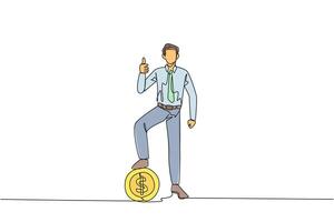 Single one line drawing businessman stands in a thumbs up pose and steps on a large coin with a dollar symbol. Excitement. Successfully made a profit. Continuous line design graphic illustration vector
