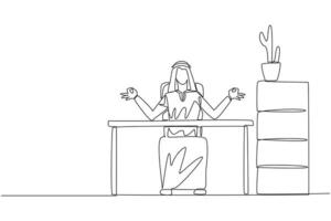 Continuous one line drawing Arab man sitting in work chair with his fingers rounded. Relaxing. Eliminate stress due to overtime on long weekend. Stretching. Single line draw design illustration vector