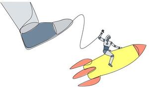 Single continuous line drawing smart robot riding a rocket flies away from the giant foot. Survive big shocks and be ready to open a new business. Future tech. One line design illustration vector