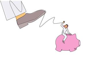 Single continuous line drawing Arabian businessman riding a piggy bank runs away from giant foot. Moving quickly saves assets and profits. For a better future. One line design illustration vector