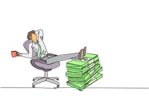 Single continuous line drawing businessman sitting relaxed in a work chair while holding mug. Foot resting on stacks of banknotes. Get lots of benefits. Profitable. One line design illustration vector