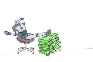 Continuous one line drawing robot sitting on a work chair holding mug. Foot resting on stacks of banknotes. The most successful and richest robot. Future. Single line draw design illustration vector