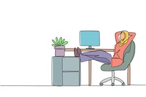 Continuous one line drawing Arab woman sits in work chair with her hands behind head and legs raised on work desk. Relax for a moment. Improves better mood. Single line draw design illustration vector