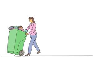 Single one line drawing businesswoman pushing a trash can filled with wads of paper. Throw away unimportant documents that are no longer used. Cleanliness. Continuous line design graphic illustration vector
