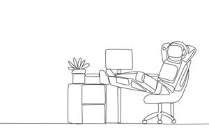 Continuous one line drawing astronaut sits in work chair with his hands behind head and his legs raised on work desk. Relaxing. Take a break from routine. Single line draw design illustration vector