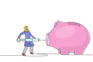 Continuous one line drawing Arab businesswoman holding big syringe and wants to inject it into a big piggy bank. Stimulus. Business enthusiasm. Additional. Single line draw design illustration vector