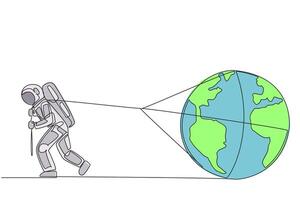 Continuous one line drawing astronaut struggled to pull globe. Earth is always peaceful and beautiful is anyone's dream. Cosmonauts guard it from damage. Single line draw design illustration vector