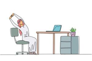 Single one line drawing Arabian man sitting in work chair while raising both hands. Stretching. Working too long in front of the laptop. Overtime. Hectic. Continuous line design graphic illustration vector